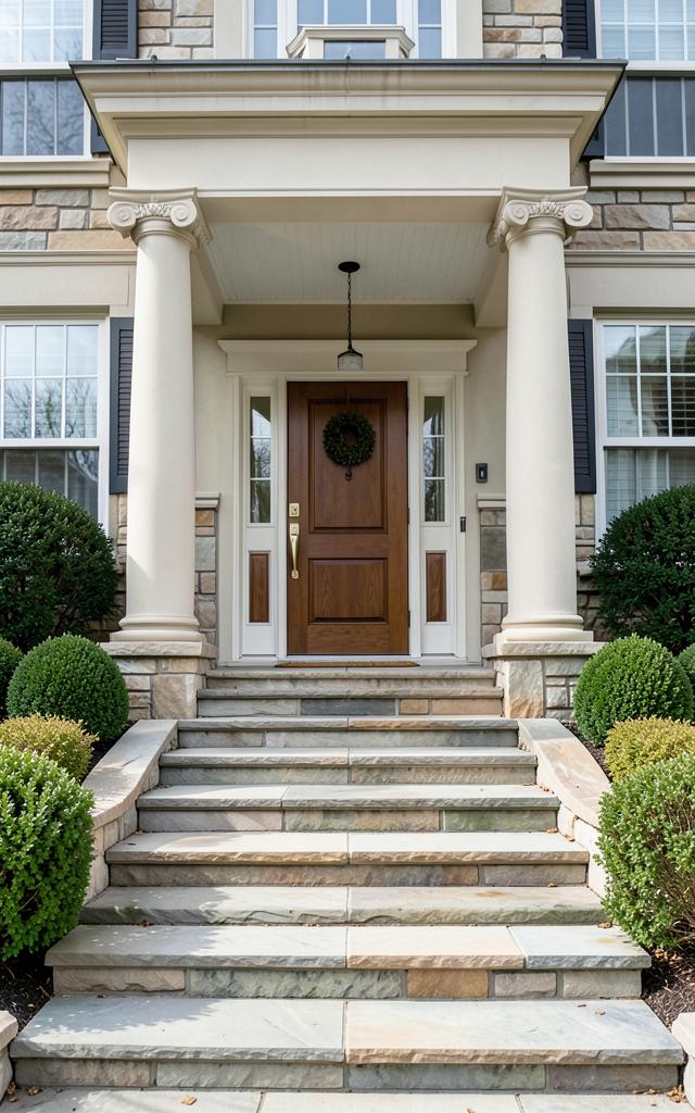 Stone entry steps and landscaping